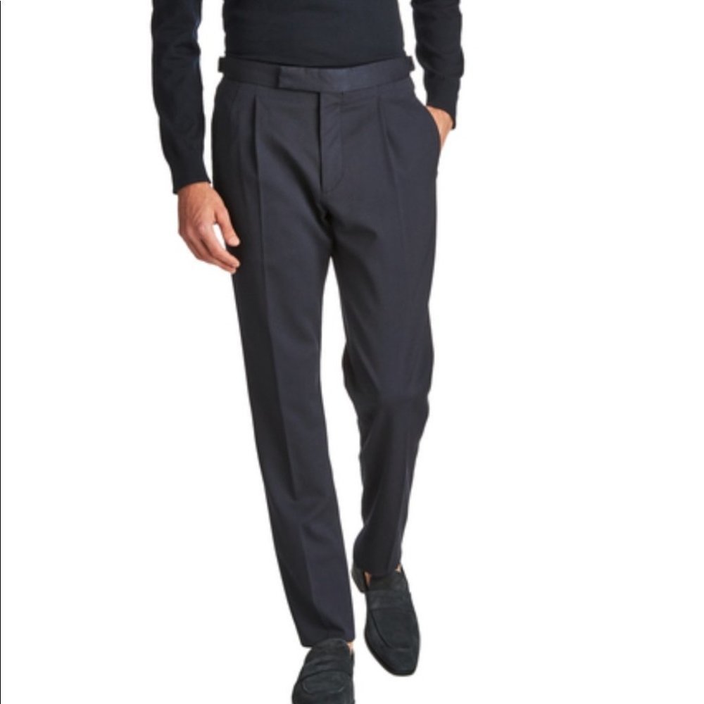 Z Zegna Men Solid Navy Dark Blue Slim Casual Wool Dress Pants Size 38